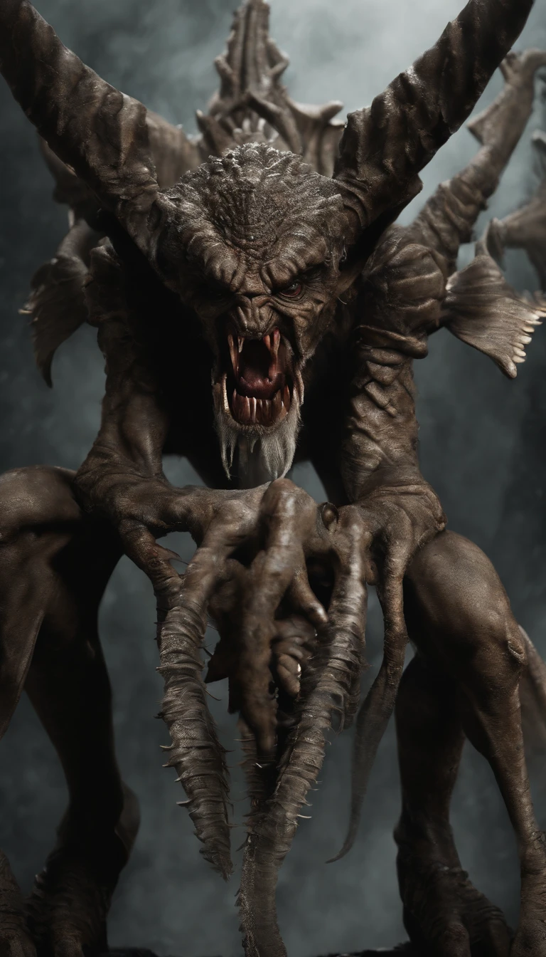 (best quality,ultra-detailed,realistic:1.37),demon hand-like claws,fierce demon wings with bone spikes,pierced ears,necklace,low-cut black top,black shorts,combat scene,sleeveless,body portrait,extraordinary surreal art,detailed portrait composition,portraiture,neck accessory,devilish appearance,gloomy atmosphere,long boots.