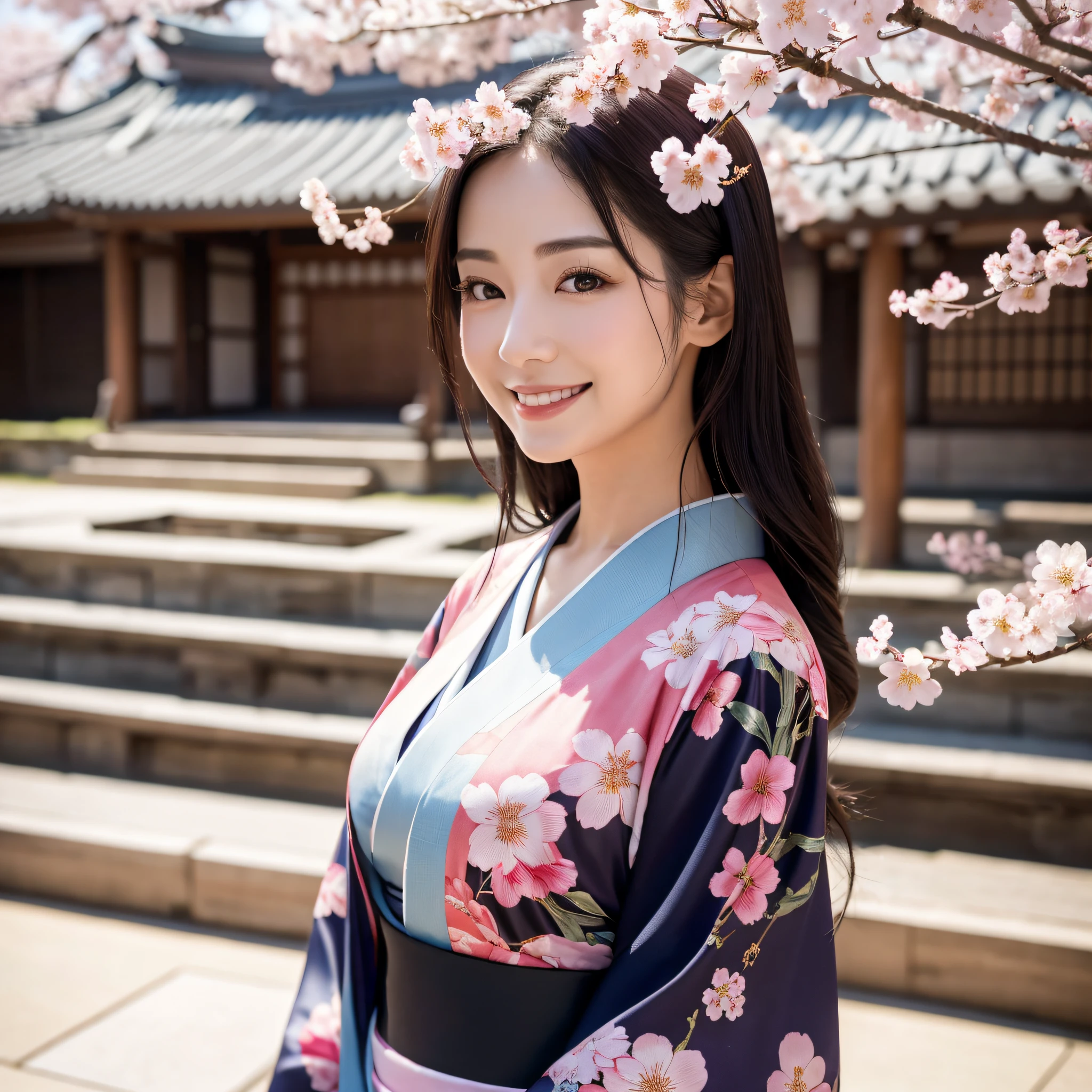 (Super beautiful woman in kimono)、((best qualtiy、8k masterpieces:1.3))、foco nítido:1.2、(ultra beautiful faces:1.0)、(shinny skin:1.0)、photos realistic、A dark-haired、Video Lighting、High-definition eyes and face、Video Lighting、Japanese actressl、from the front side、medium breasts、With a happy smile、Slender Abs Beauty、Whole body、wearing kimonos、cherry blossom in full bloom