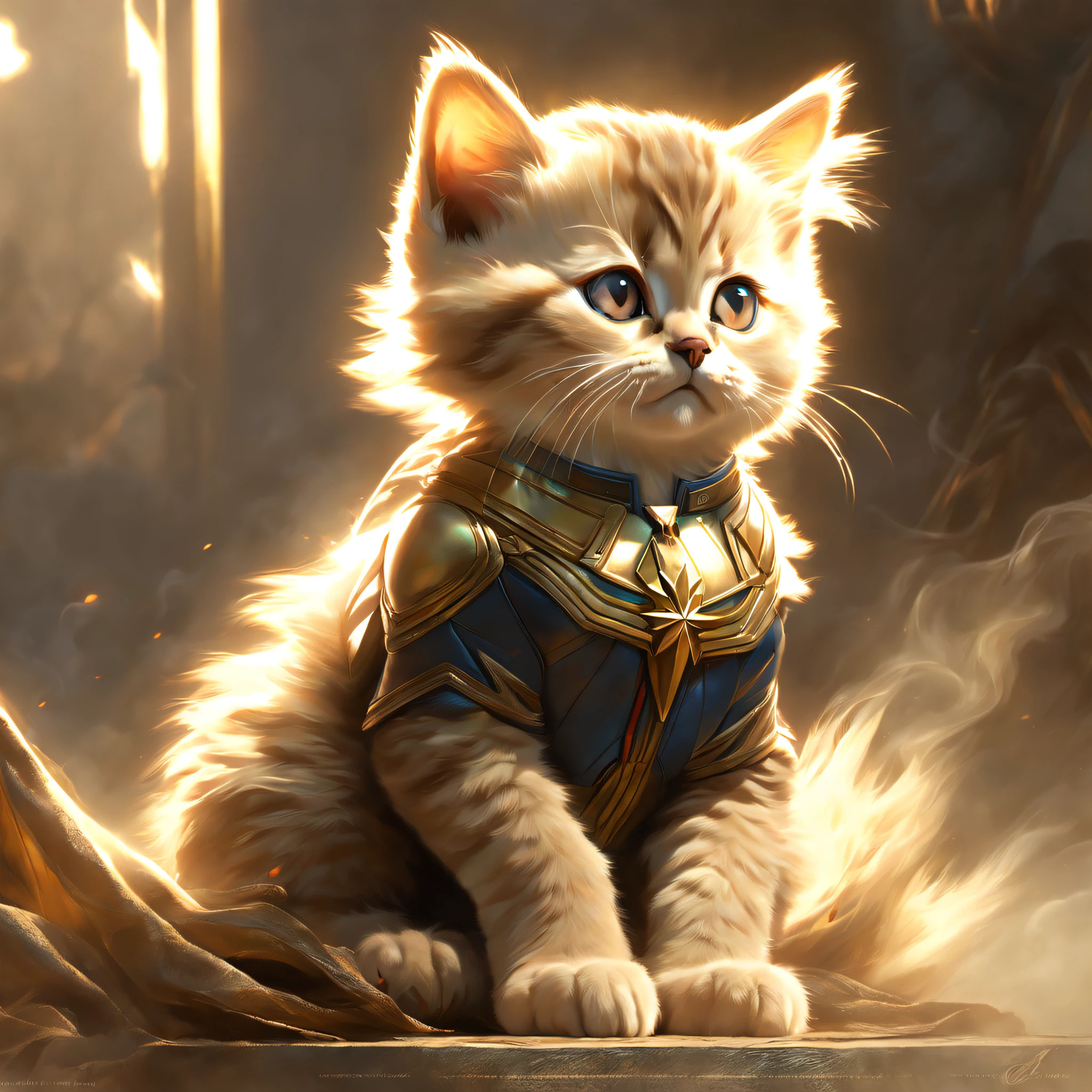 CAPTAIN MARVEL'S character cat goose illustration, pale brown, master piece, intricate detail fur, siting, stunning oil painting, beautiful glow smoke eyes,