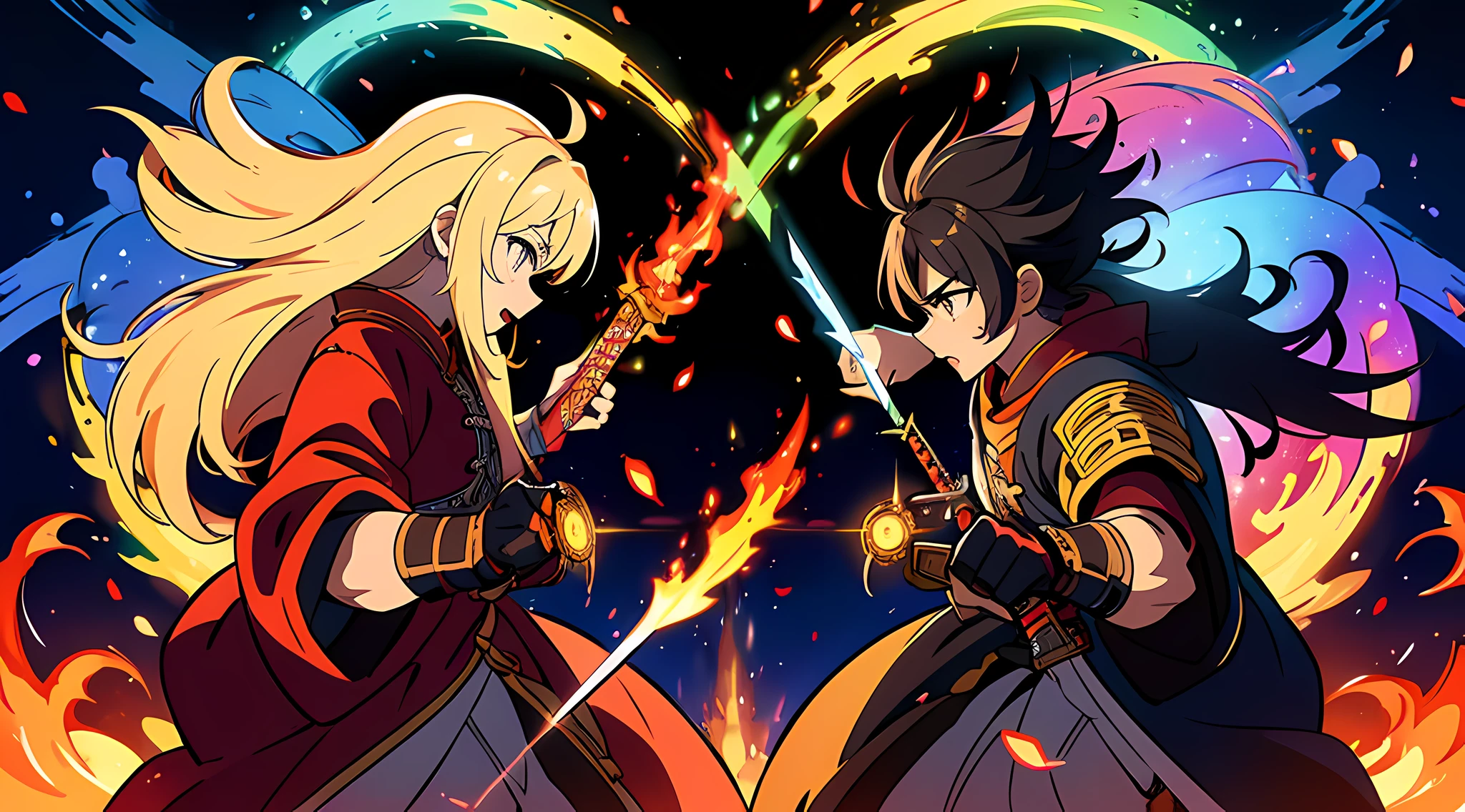 an intense battle of two man (samurai), showcasing their mastery of the blade, their sword have flames coming out from the sword, Swirling rainbows and lights on complex background, masterpiece, high-resolution, detailed eyes.