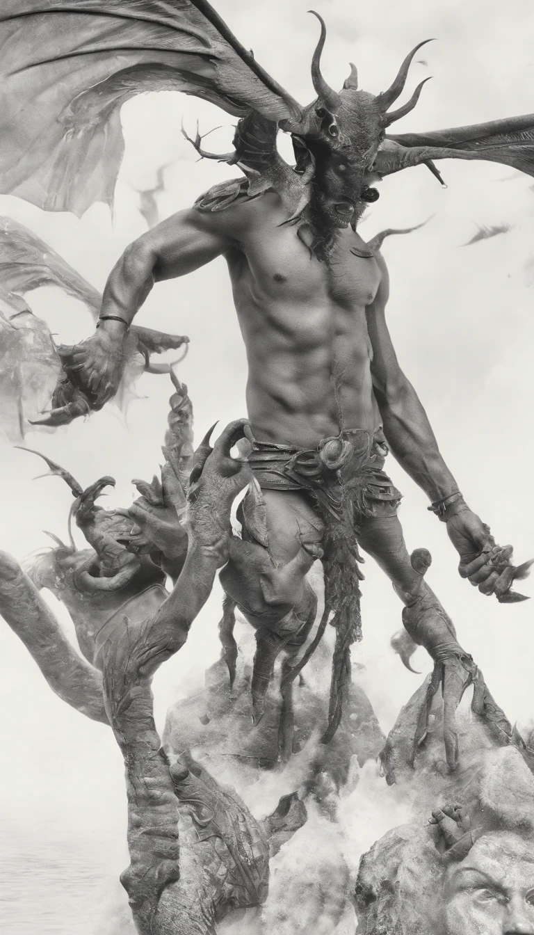 (Best quality,Ultra-detailed,Realistic:1.37),Demonic hand-like claws,Ferocious demon wings with bone spurs,ear piercings,necklace,Low-top black top,Black shorts,combat scene,Sleeveless,Body portrait,Extraordinary surrealist art,Detailed portrait composition,portraiture,Neck accessories,Devilish appearance,Gloomy atmosphere,Long boots.