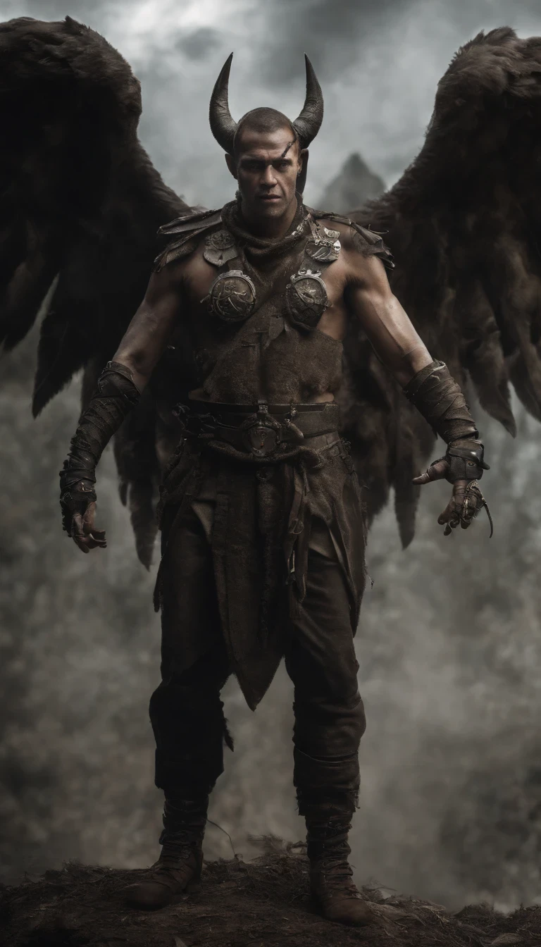 (Best quality,Ultra-detailed,Realistic:1.37),Demonic hand-like claws,Ferocious demon wings with bone spurs,ear piercings,necklace,Low-top black top,Black shorts,combat scene,Sleeveless,Body portrait,Extraordinary surrealist art,Detailed portrait composition,portraiture,Neck accessories,Devilish appearance,Gloomy atmosphere,Long boots.