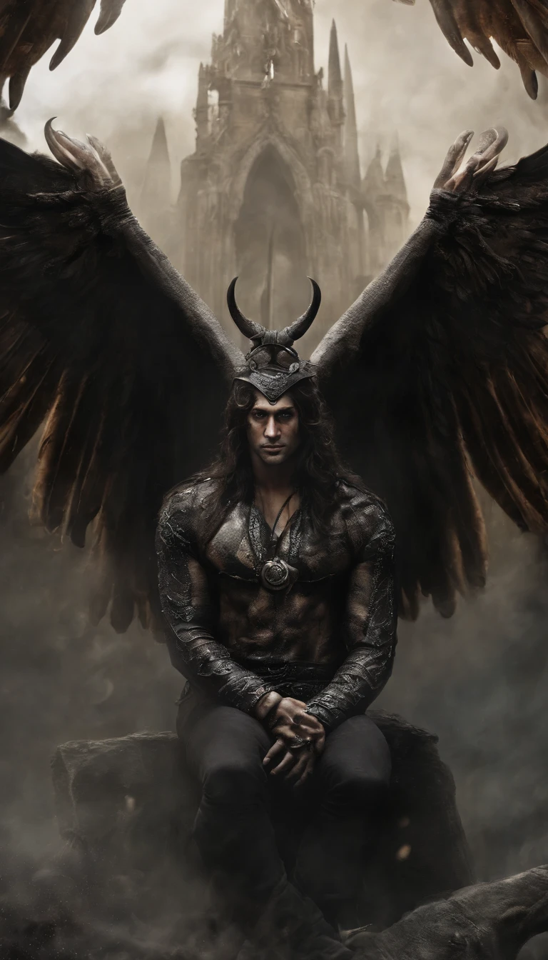 (Best quality,Ultra-detailed,Realistic:1.37),Demonic hand-like claws,Ferocious demon wings with bone spurs,ear piercings,necklace,Low-top black top,Black shorts,combat scene,Sleeveless,Body portrait,Extraordinary surrealist art,Detailed portrait composition,portraiture,Neck accessories,Devilish appearance,Gloomy atmosphere,Long boots.