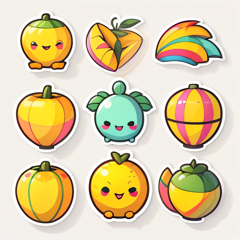 Mango stickers,white backgrounid, nothing background, Funny expressions, pastel colour, vectorstyle, no gradien,Refinement。