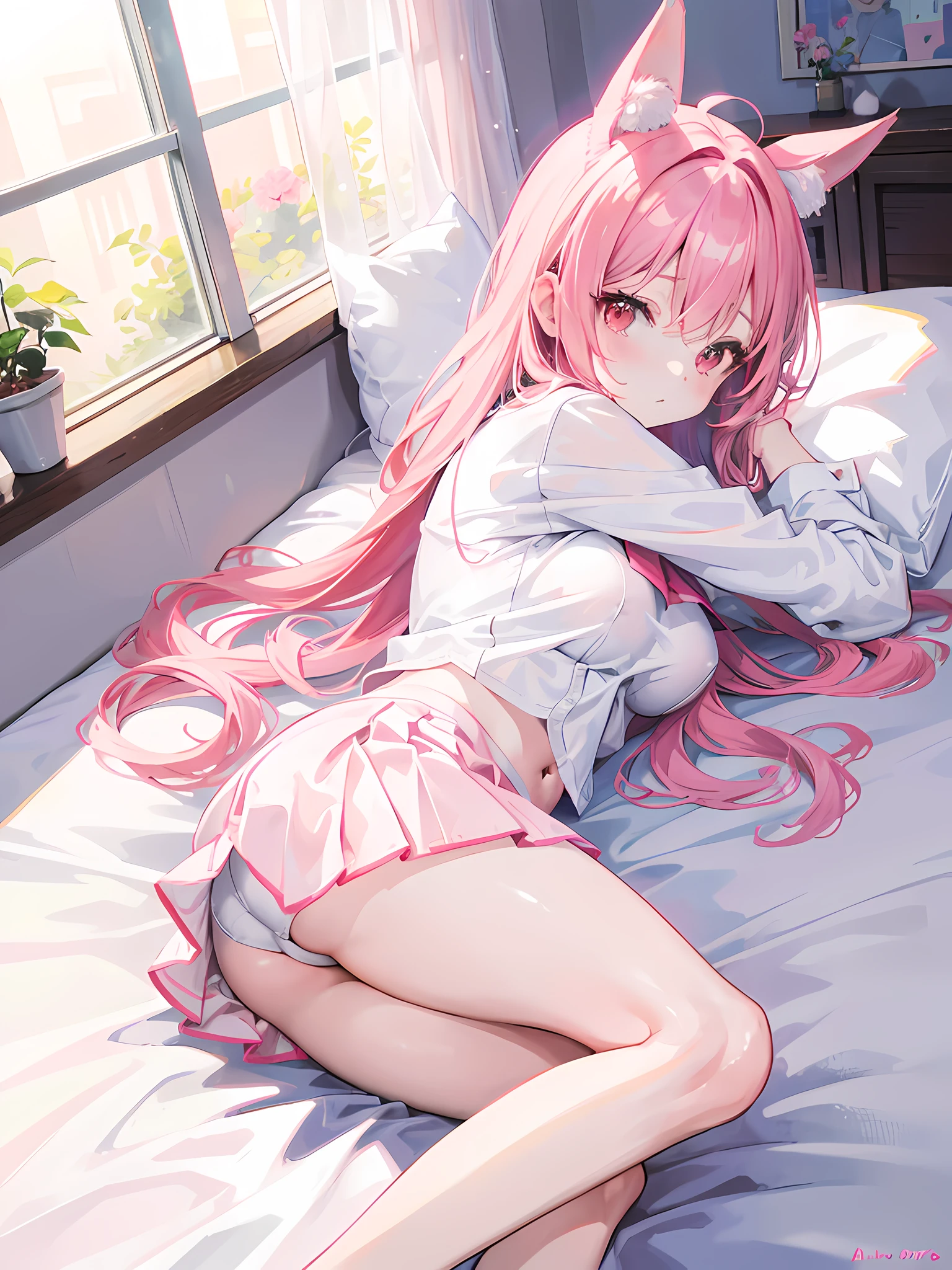 anime girl laying on her stomach on bed with pink hair and bunny ears, window open, facing the viewer, (1girl), red eyes, white shirt, pink miniskirt, medium breasts, large ass, white tights, cute anime girl, seductive anime girl, beautiful anime artwork, ultrasharp, masterpiece, high res, 8k