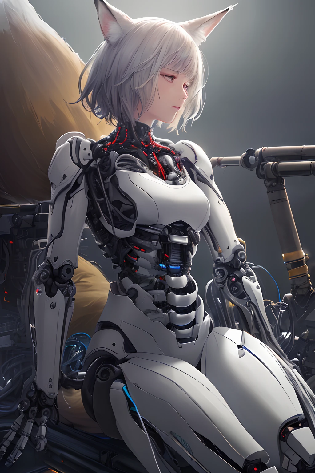 ((masterpiece, UHD, realisitc_details)), ((octane_render)), (girl with fox ears:1.5), (beautiful_and_delicate_face:1.4) (sitting on the ground:1.3), ((cinematic lighting)), (mechanical limbs:1.5), (mechanical spine:1.5), (side_view:1.2), (sitting_on_the_ground:1.5), (mechanical tubes attached to veins:1.5), ((full_body_view)), ((expresionless:1.4), (white_short_hair:1.4), ultra high detailed, high definition, ((ultra high definition CG illustration)), ((science fiction)), ((distant_view)), ((dark background))