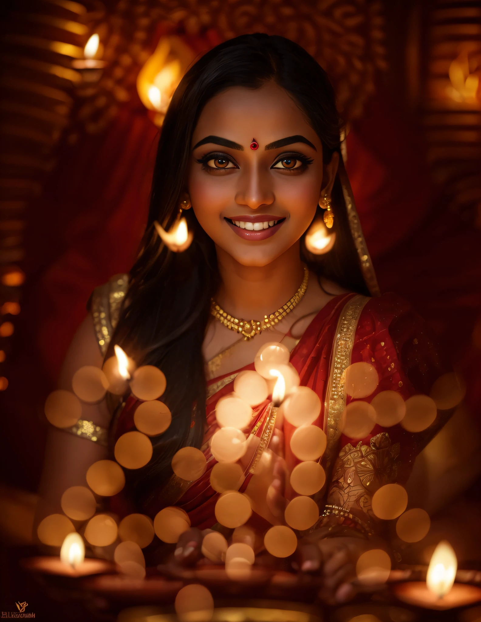 a close-up of a woman holding a letting oil lamp in her hands, Hindu aesthetic, beautiful digital artwork, Indian goddess, beautiful digital illustration, stunning digital illustration, beautiful character pictures, beautiful goddess, art germ, beautiful lit, glowing flowing hair, wearing a red net cloth, big smile on her face, showing some skin around the waist, picture from head to toe, in a temple, red and yellow smoke from behind, smoke entangled with her curly hair in air, dreamy imagination