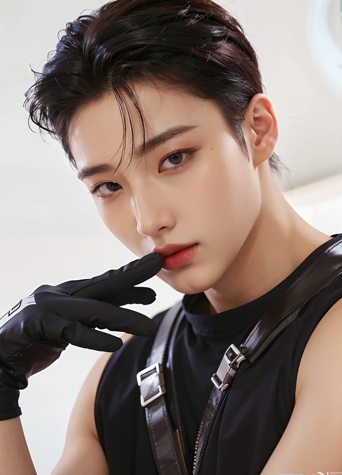 a close up of a person wearing gloves and a black shirt, Choi San of Ateez, wan adorable korean face, glossy from rain, south korean male, Choi San, inspired by Choi San