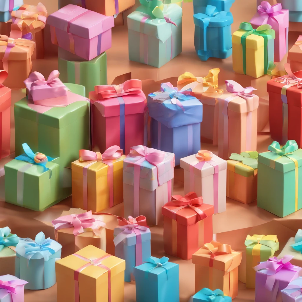 Cute gift box, bow packing tape, blind box toys, glossy and delicate, clean background, 3D rendering, best quality