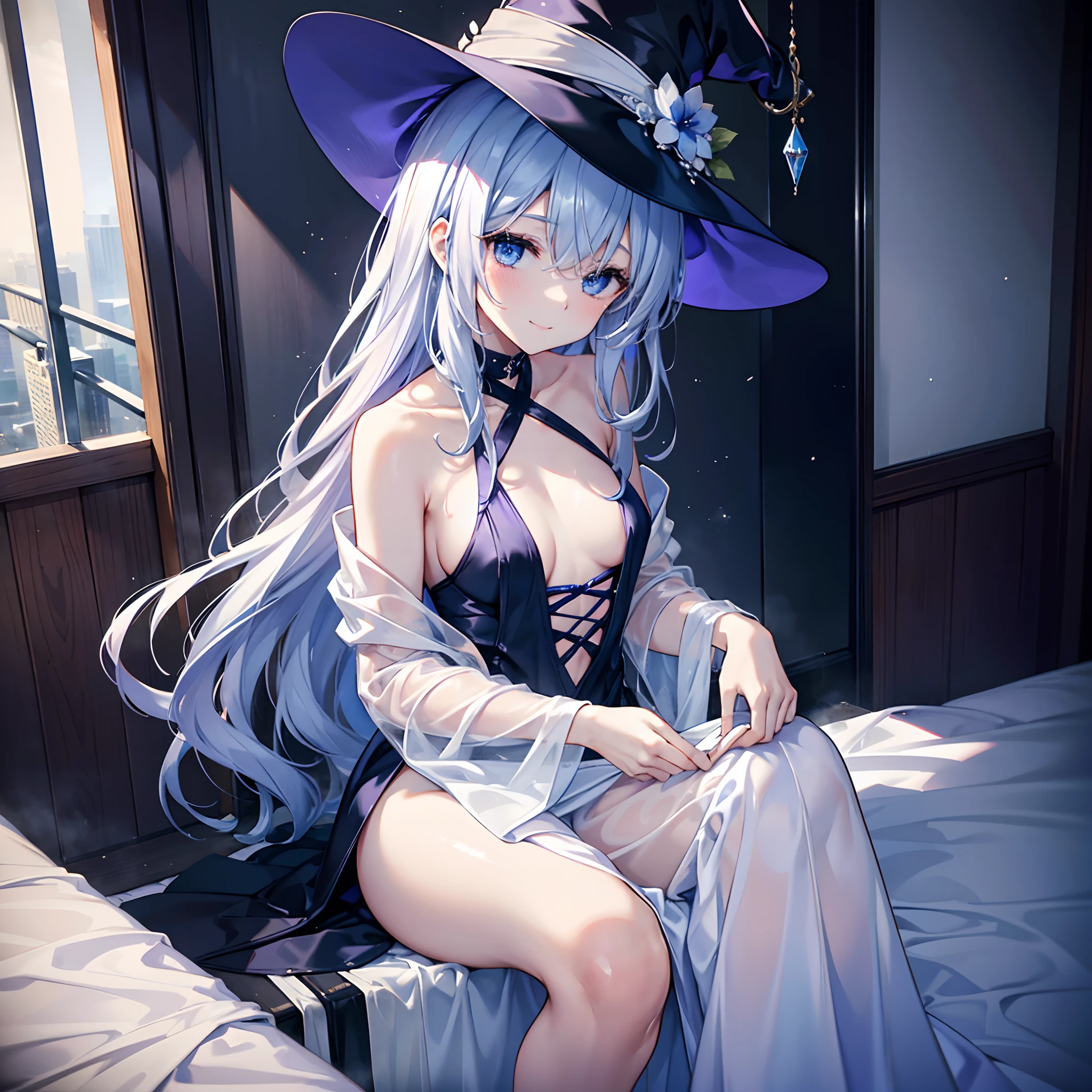 This is a hot spring on the roof of a high-rise building that is taller than other buildings in the middle of the night、You can see a lot of low buildings behind you、Photograph her from an angle of 45 degrees above、One 27-year-old woman with small breasts、She wears a large black witch hat with sapphire accessories、White lob hair with blue-violet mesh、Blue eyes with highlights、Wrapped in a white bath towel、small tits、discreet breasts、A fragile smile、hiquality、High Details、high-level image quality、4K picture quality、beatiful backgrounds