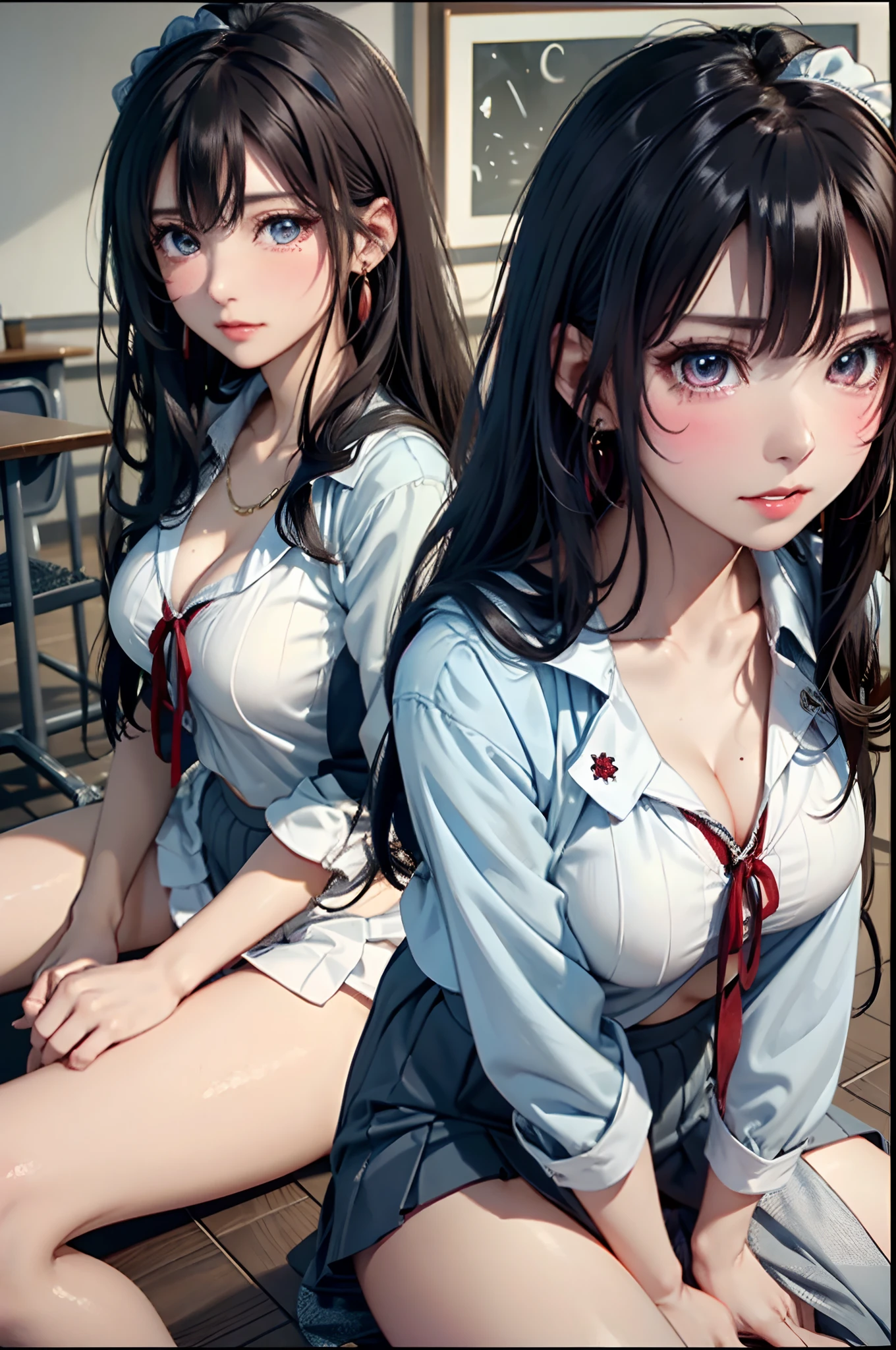 (masutepiece: 1.3), (max resolution: 1.2), (Ultra HDTV: 1.2), cinematric light, Detailed eyes and skin, detailed facial features, , 8K resolution, (Sharp Focus: 1.2), Perfect Style, Beautiful face, acurate, Anatomically correct, Highly detailed face and skin texture, Detailed eyes, Double eyelids, Thin eyebrows, Glitter Eyeliner: 1 Natural cheeks, Glossy skin, Fair skin: 1.2, (Glossy lips: 1.4), (Girls' High School Uniforms:1.2)、 (Shy look: 1.2), 18 instars, Neat and clean woman 、Black brown hair,Wavy Hair、 Semi-long hair, (Focus on Face:1.2), (breasts of medium size,), (upturned breasts), (in class room: 1.2)), (She is sitting on the floor:1.2.)), Highly detailed facial and skin texture, Detailed eyes, Double eyelids, Natural cheeks, Green-gray eyes,a necklace、 shiny small earrings, shiny lips: 1.4,Exposed cleavage、(A large amount of sperm in the chest:1.4)(Large amount of sperm in the thighs:1.2)、red blush、Tears are embarrassing、White underwear、White bra、Open knees、open one's legs、Masturbation behavior、Disheveled clothes、Dressing、Exposed panties、Wearing sweat、sodden、Sheer underwear、Maids、humiliated、impatience、dismay、Frightened、glares、blue eyes、Full-body angle of view、from the front side、red blush、
