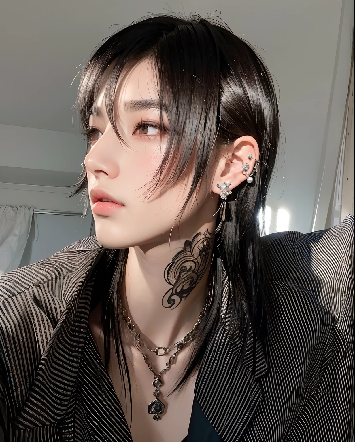 Woman with black hair and piercings looking at the camera, Cai Xukun, delicate androgynous prince, Beau prince androgyne, androgyne, Personne androgyne, Homme androgyne, avec ses longs cheveux noirs, visage androgyne, androgynie, Ulzzang male, Belle fille androgyne