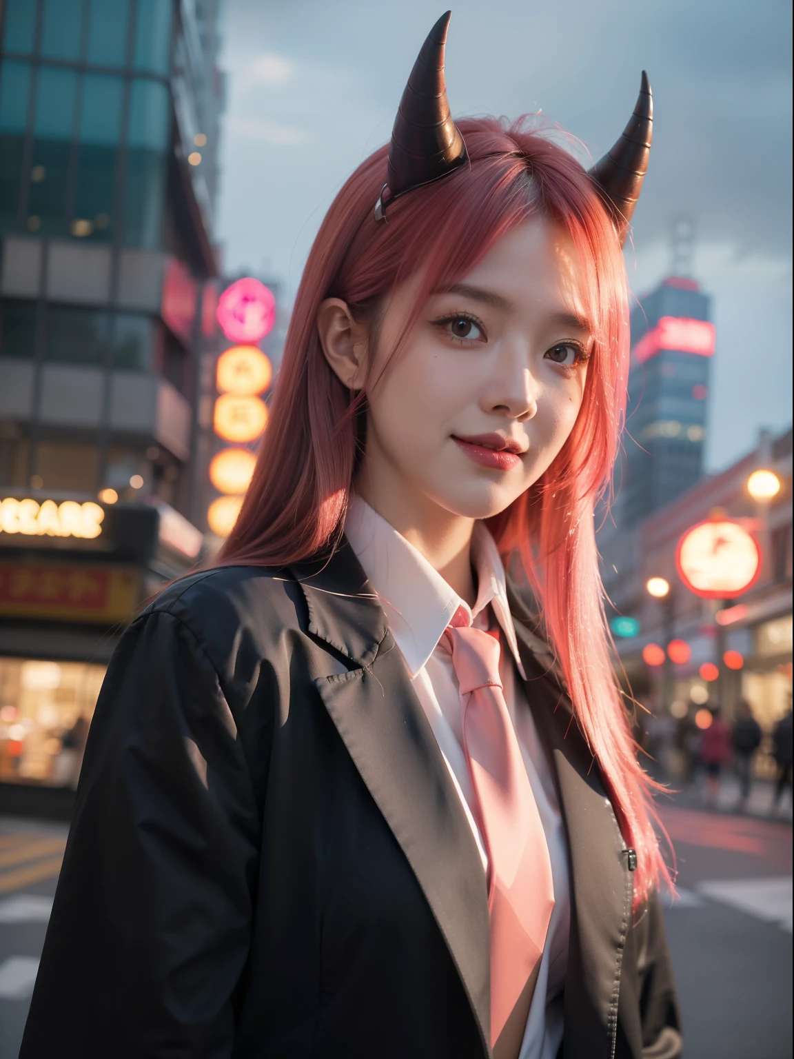 1girll, Long pink hair, Red horns, White collared shirt, black necktie, Light smile, Yellow eyes, cornea_power,, Buildings,Shops,Town streets, Dark sky, scenery,Neon signs,Night City, Japanese lyrics,, , absurderes, Detailed eyes, Extremely detailed, voluminetric lighting, Realistic, Realistic lighting, 8K, Cinematic lighting, Depth of field, Perfect, Hyper-detailed, Photorealistic, Ultra photo realsisim, Realistic light, hard lighting, Intricate details, stop-motion, Tone-mapping, Sharp focus, ultra - detailed,