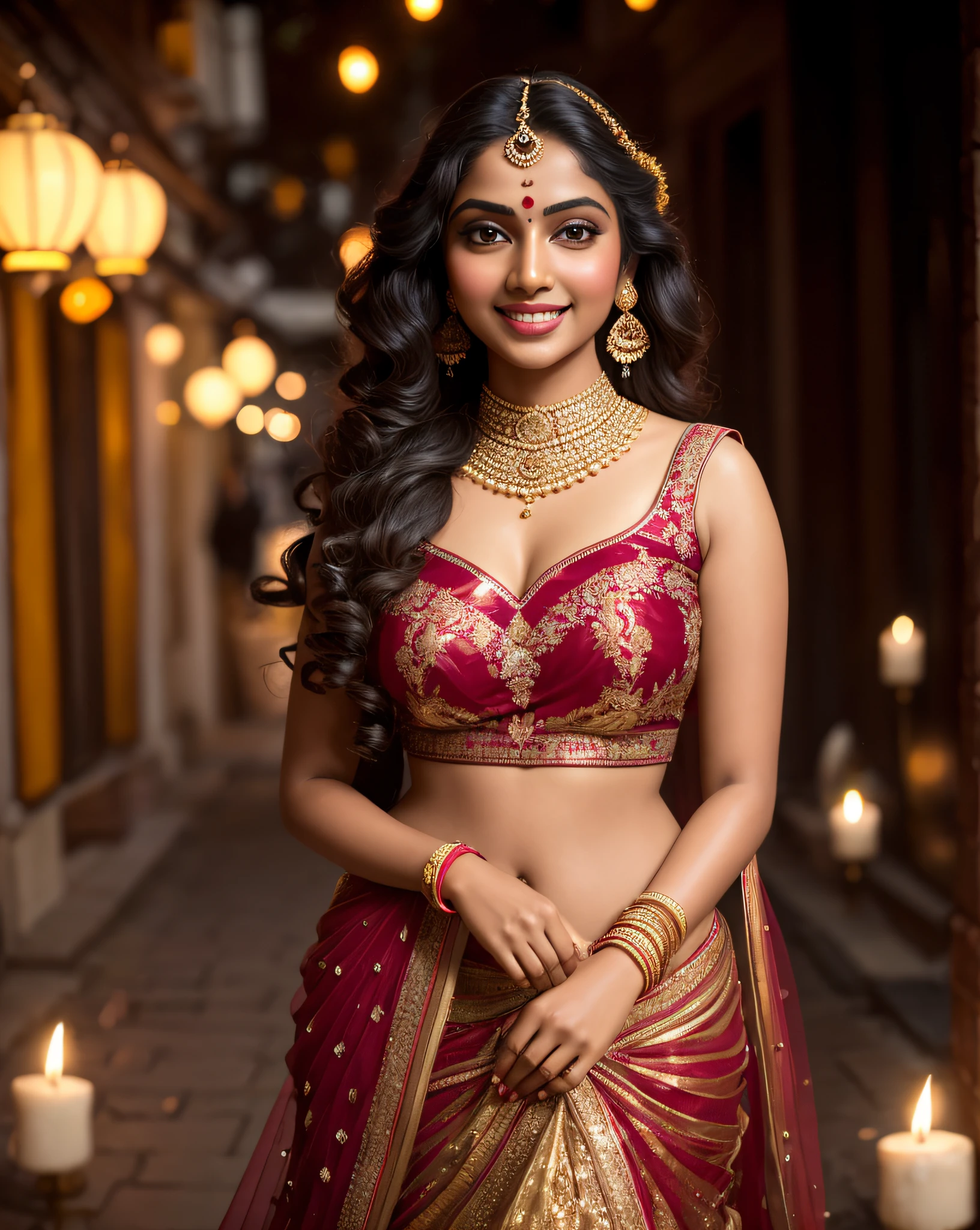 (masterpiece Photography:1.3) of a ravishing tall curvy indian Girl celebrating Diwali by lighting Diyas outside in a elegant Lane, wearing elegant Lehenga and Choli, (ravishing glossy wavy backlit hair), lots of diyas, (big intricate eyes:1.3), (bright smile:1.3) soft dramatic lighting, Diwali decorations, lanterns, fireworks in sky, backlit, light rays, highly detailed, trending on artstation, paint splashes, rich colour, Street photography, by Ron Hicks