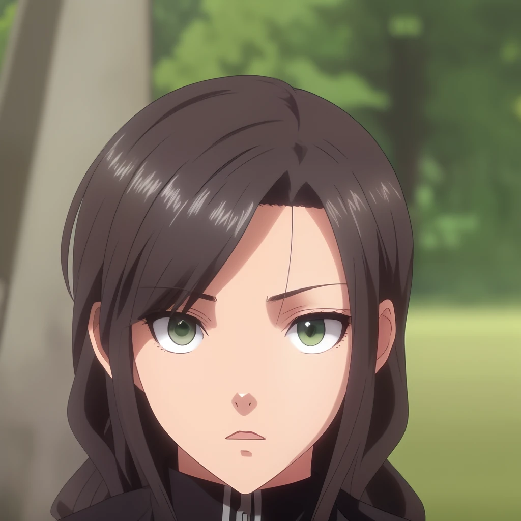 attack on titan screencap of a female character with shoulder length, wavy dark brown hair with light blonde highlights in the hair, the hair is parted middle The hair is parted down The eyes are a beautiful, dark green color with long black eyelashes. The skin tone is a pale tone with a warm blush on the cheeks. Long round oval face with full pink tinted lips, she’s wearing a black training outfit. The background scenery is beautiful. The art style is inspired by WIT studio