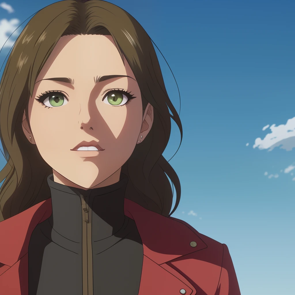 attack on titan screencap of a female character with shoulder length, wavy dark brown hair with light blonde highlights in the hair, the hair is parted middle The hair is parted down The eyes are a beautiful, dark green color with long black eyelashes. The skin tone is a pale tone with a warm blush on the cheeks. Long round oval face with full pink tinted lips, she’s wearing a black training outfit. The background scenery is beautiful. The art style is inspired by WIT studio