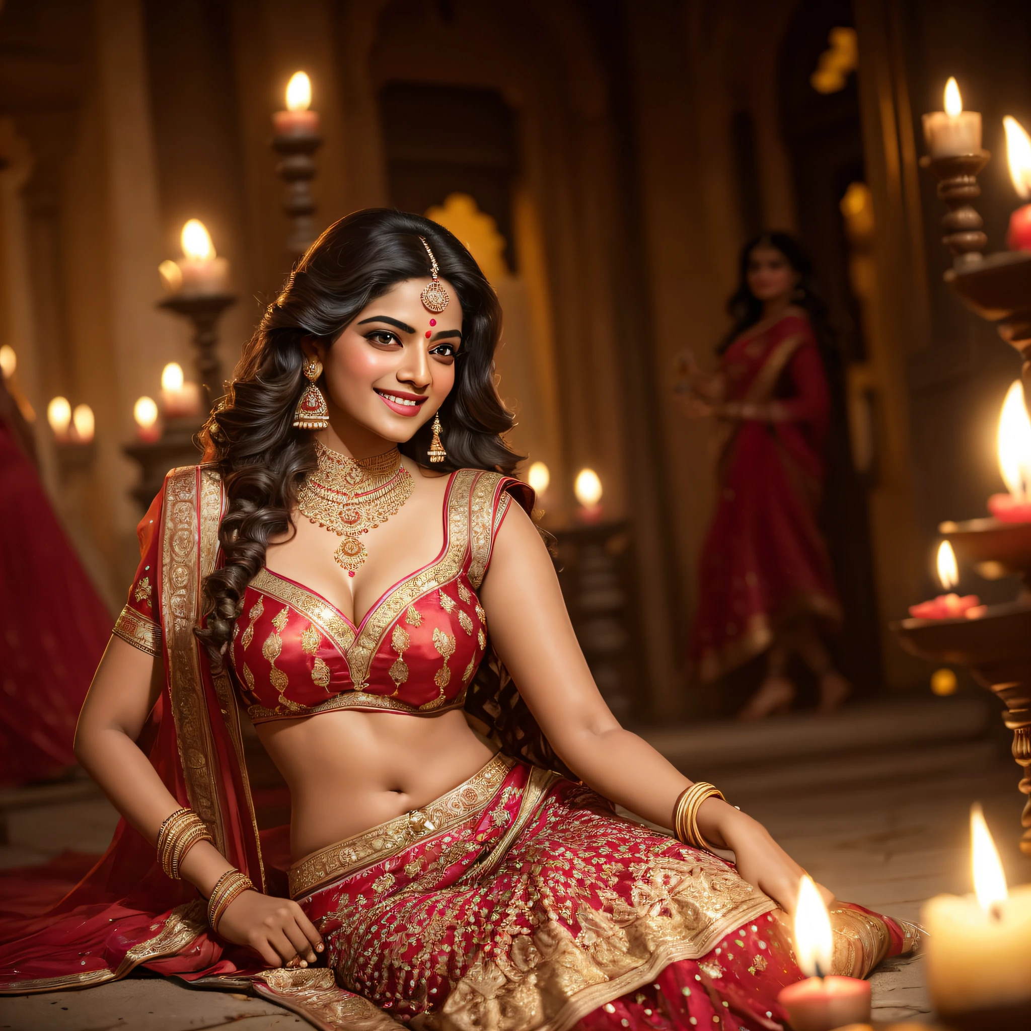 (masterpiece Photography:1.3) of a ravishing tall curvy seductress Kalyani Priyadarshan celebrating Diwali by lighting Diyas outside in a elegant Lane, wearing elegant Lehenga and Choli, (ravishing glossy wavy backlit hair), lots of diyas, (big intricate eyes:1.3), (bright smile:1.3) soft dramatic lighting, Diwali decorations, lanterns, fireworks in sky, backlit, light rays, highly detailed, trending on artstation, paint splashes, rich colour, Street photography, by Ron Hicks