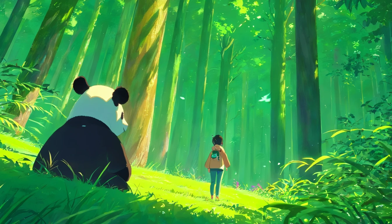 tmasterpiece，best qualityer，cinematic Film still from，1 panda，Close-up，natta，The panda looks up at the forest
