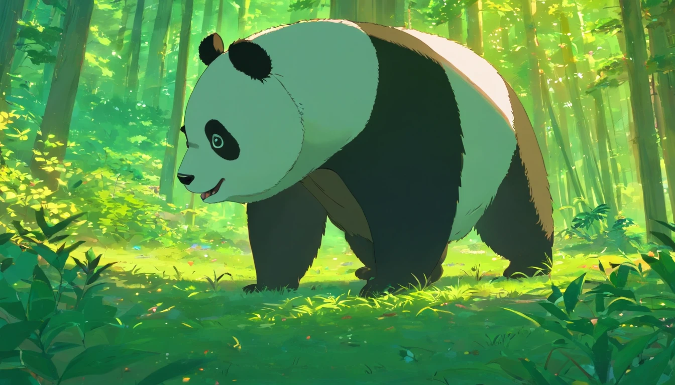tmasterpiece,best qualityer,cinematic Film still from,1 panda,Close-up,natta,The panda looks up at the forest