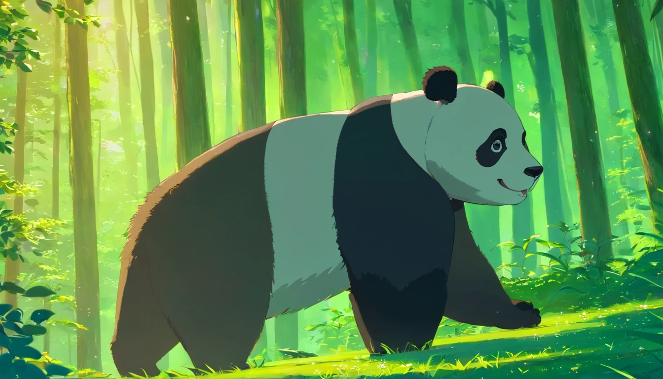 tmasterpiece，best qualityer，cinematic Film still from，1 panda，Close-up，natta，The panda looks up at the forest