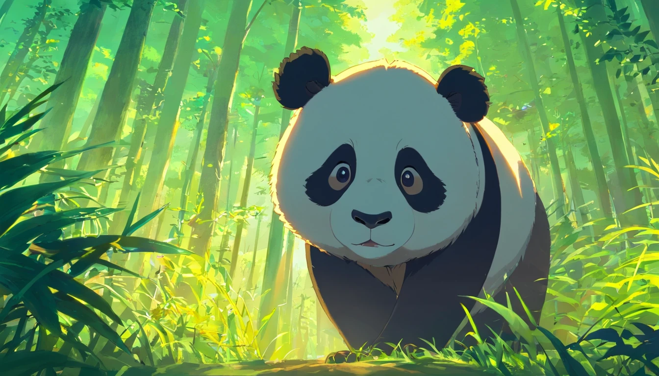 tmasterpiece，best qualityer，cinematic Film still from，1 panda，Close-up，natta，The panda looks up at the forest