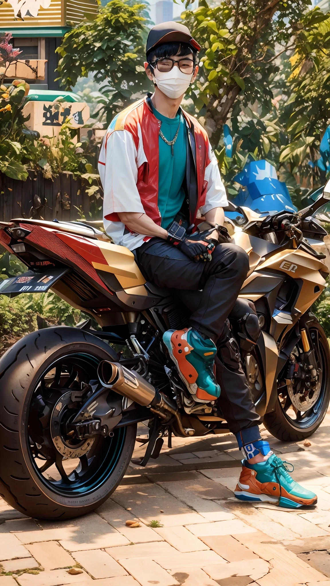 there is a korea boy sitting on a motorcycle wearing a mask, sitting on cyberpunk motorbike, sitting on a motorcycle, motorbiker, motorcycle, picture of a male biker, taken in 2 0 2 0, photoshoot, riding a motorcycle, mid shot portrait, portrait shot, realism artstyle, biker, badass composition, hyper realistic style, wearing japanese techwear, portrait shot 8 k