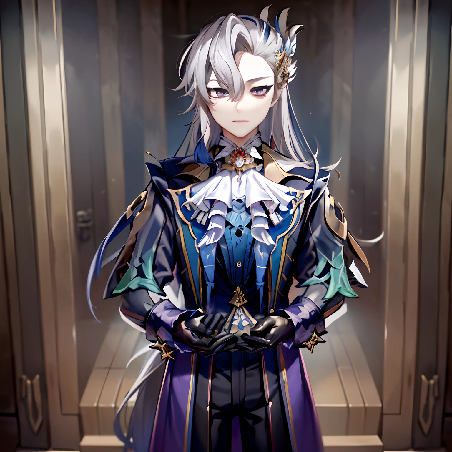 masterpiece, best quality, Neuvillette, 1boy,long hair,grey hair,multicolored hair,feather hair ornament, purple eyes, jewelry,ascot,long sleeves, shirt,gloves, black pants,((waruochi))