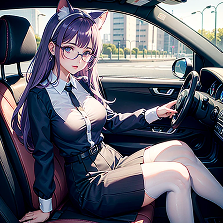 Il y a une femme adulte avec des lunettes ,driving a car, dans sa voiture, assise au volant , office girl, chemisier blanc transparent, soutien gorge visible sous le chemisier , long skirt, cat ears, white stockings, Dark and purple hair, cheveux noirs et mèches violettes, oreilles de chat sur la tête, gros seins, belle poitrine , Décolleté important, Avatar de seconde vie, Belle capture d’écran, charme , Seconde vie, Plan rapproché entre les jambes , femme séduisante, portant des lunettes noires brillantes