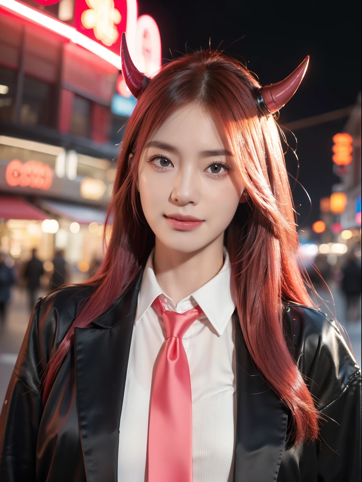 1girll, Long pink hair, Red horns, White collared shirt, black necktie, Light smile, Yellow eyes, cornea_power,, Buildings,Shops,Town streets, Dark sky, scenery,Neon signs,Night City, Japanese lyrics,, , absurderes, Detailed eyes, Extremely detailed, voluminetric lighting, Realistic, Realistic lighting, 8K, Cinematic lighting, Depth of field, Perfect, Hyper-detailed, Photorealistic, Ultra photo realsisim, Realistic light, hard lighting, Intricate details, stop-motion, Tone-mapping, Sharp focus, ultra - detailed,