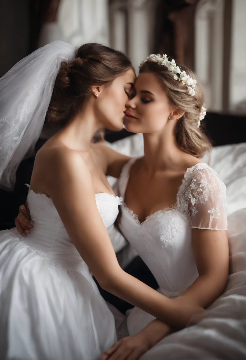 girls loving each other, about to kiss, realistic, maid white and black dress, bed, hot