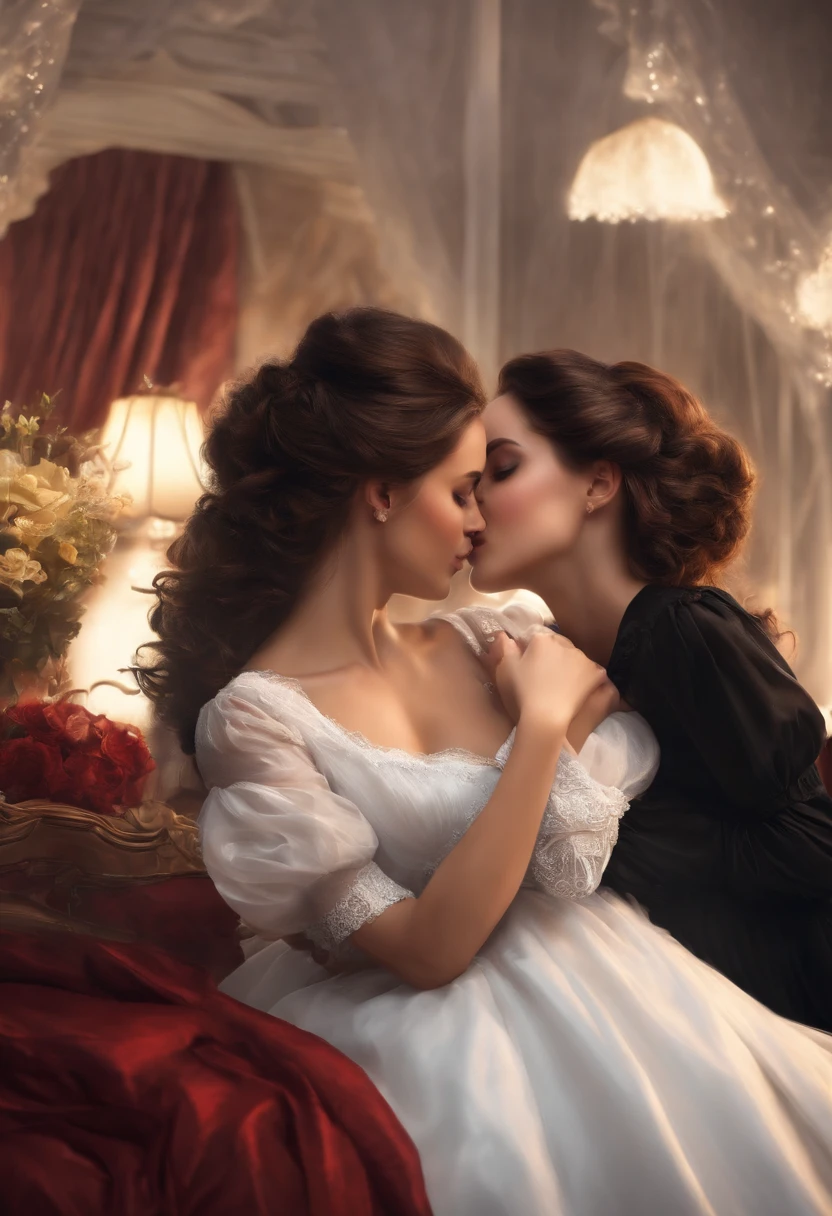 girls loving each other, about to kiss, realistic, maid white and black dress, bed, hot