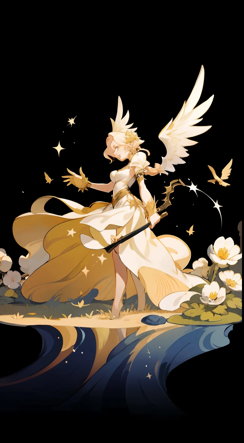 A woman with long, golden hair, with majestic wings on her back, is standing in a nocturnal landscape illuminated by a soft light. Her dress is golden and fluid, matching perfectly with the glow of the stars in the background.