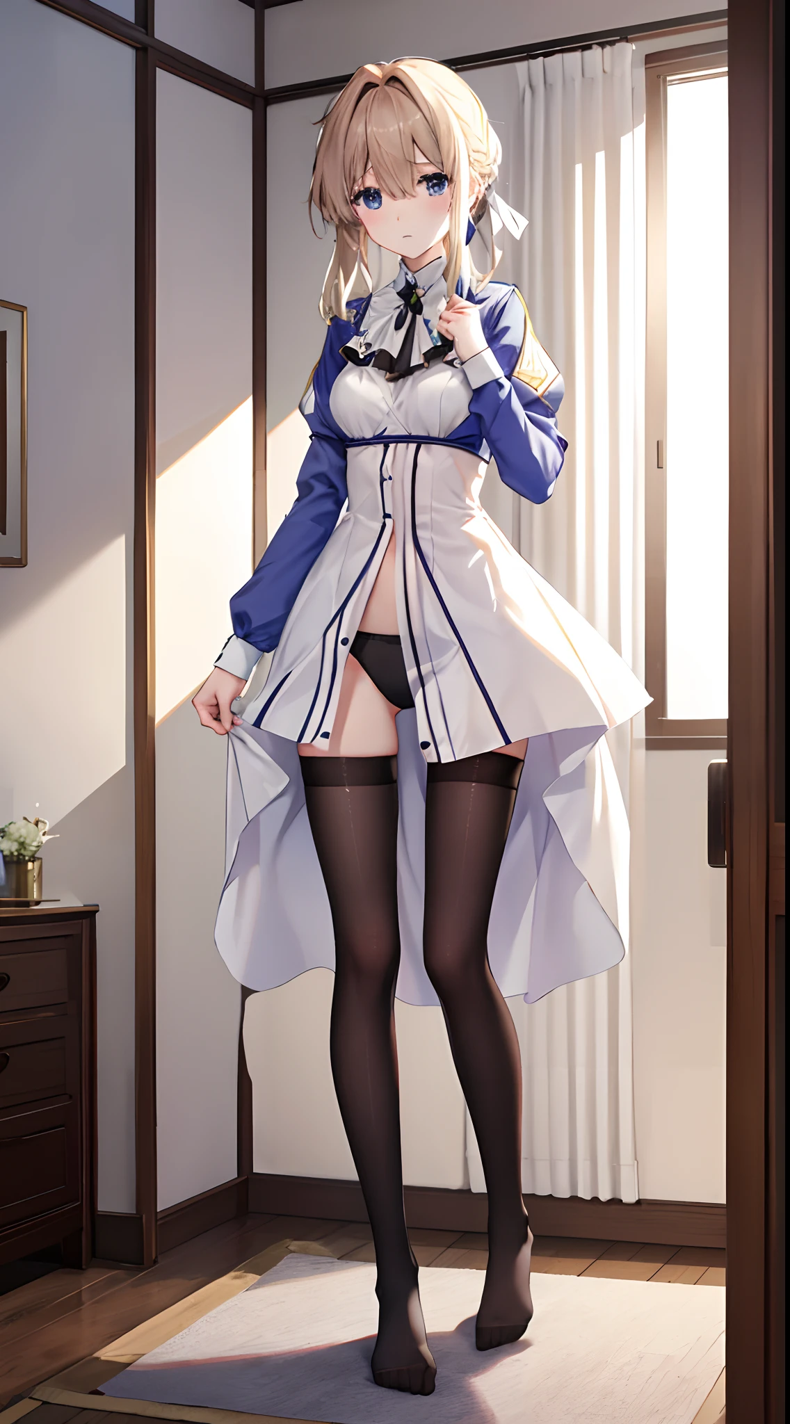 Violet Evergarden、Mature and slender figure1People with Japan18Year old girl、slightly disheveled hair、Full-body view from head to toe、Blushing look、Puzzled look、Excited look、Sweating、Composition from the front、Composition from slightly below、Standing on your own feet facing the front、Stretching with both hands up、small tits、Underwear、White bra、White panties、Black knee socks、(Black_pantyhose):1.2)、Show white panties through stockings、No shoes、Bedrooms、inside in room、during daytime、Panchira、watching at viewers、Slender feet、Slender thighs、Slim toes、White panties are visible