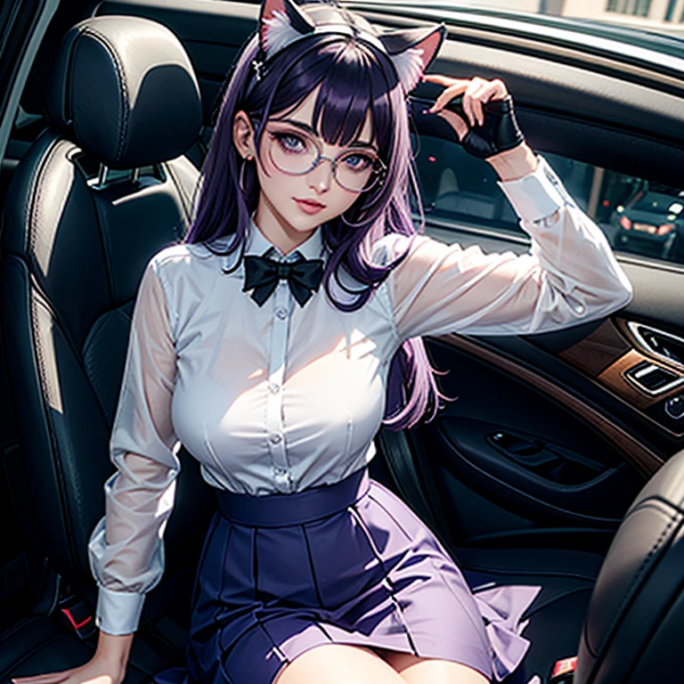 Il y a une femme adulte avec des lunettes ,driving a car, dans sa voiture, assise au volant , office girl, chemisier blanc transparent, soutien gorge visible sous le chemisier , long skirt, cat ears, white stockings, Dark and purple hair, cheveux noirs et mèches violettes, oreilles de chat sur la tête, gros seins, belle poitrine , Décolleté important, Avatar de seconde vie, Belle capture d’écran, charme , Seconde vie, Plan rapproché entre les jambes , femme séduisante, portant des lunettes noires brillantes