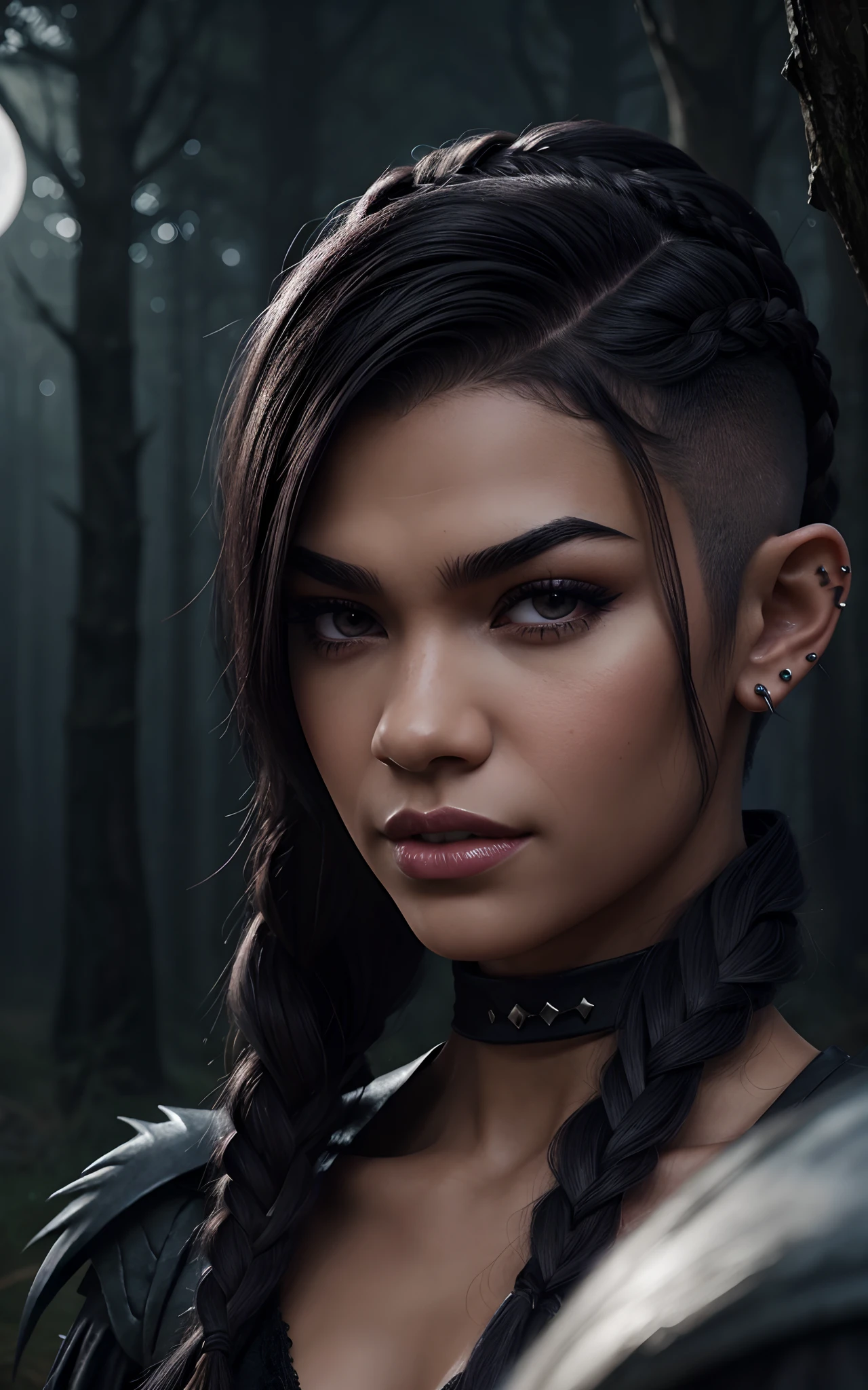 (Dark elf witch), the face of zendaya:Dua lipa, pointy ears, grey skin, white hair, (high top fade haircut), (one braid in one side of the head), masterpiece, dark forest in the background, fog, in the night, full moon ligth, 8k, detailed digital art, piercings.