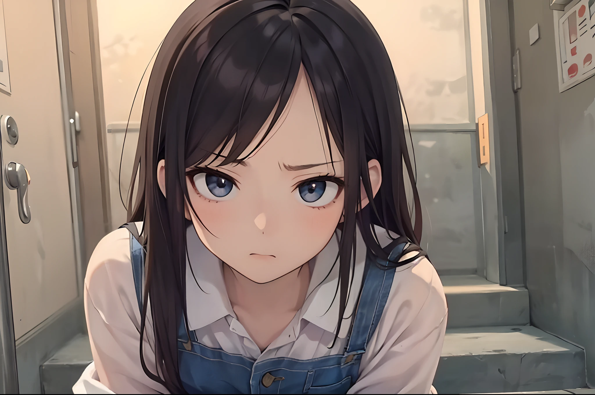 An ultra-detailed, realistic anime-style masterpiece:1.2 featuring a single girl sitting on school stairs. The girl has beautiful detailed eyes, soft lighting illuminating her face, and she appears to be in a sad mood. The stairs, made of concrete, lead up to a school building in the background. The image has colored tones, creating a melancholic atmosphere. The overall image quality is of the highest standard, with high resolution and fine details in every aspect, including the girl's clothing and expression. The art style leans towards the anime aesthetic, with intricate linework and vibrant colors. The lighting is gentle, casting subtle shadows and highlighting the girl's features.