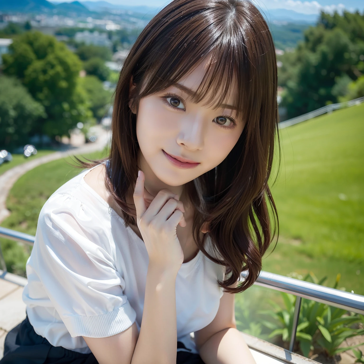 in 8K,Best Quality:1.4, 超A high resolution:1.5, (Photorealistic:1.4),masterpiece:1.2,(top-quality:1.4)、 Raw photo、(the background is blurred), On a hilltop with a good view:1.4、blue-sky、lawn、FULL BODYSHOT:1.8、 1日本人の女の子, Cute, (Solo), (Shy smile), Smooth skin、(35 year old:1.2)、TThe shirt、to stand、Check miniskirt、Cute mini skirt、beauty legs、Slender feet、 (Brown medium hair,Bangs), (touch hair:1.4)、nogizaka、cute little、Supple fingertips,Beautiful black eyes、natural skin textures:1.3, realistic eyes and face details:1.7、middlebreasts、gazing at viewer、gravure、low angles、Katyusha、Scenic