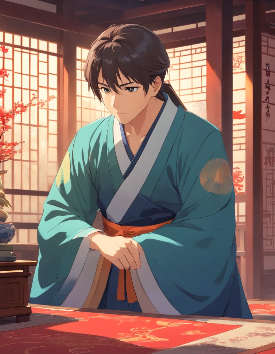 Best quality, Masterpiece, 超高分辨率, Emperor of China,wearing a hanfu,Asian people,age 55,Square face,Deep eyes,Beard,Stand before the throne,Behind it is a gorgeous pattern