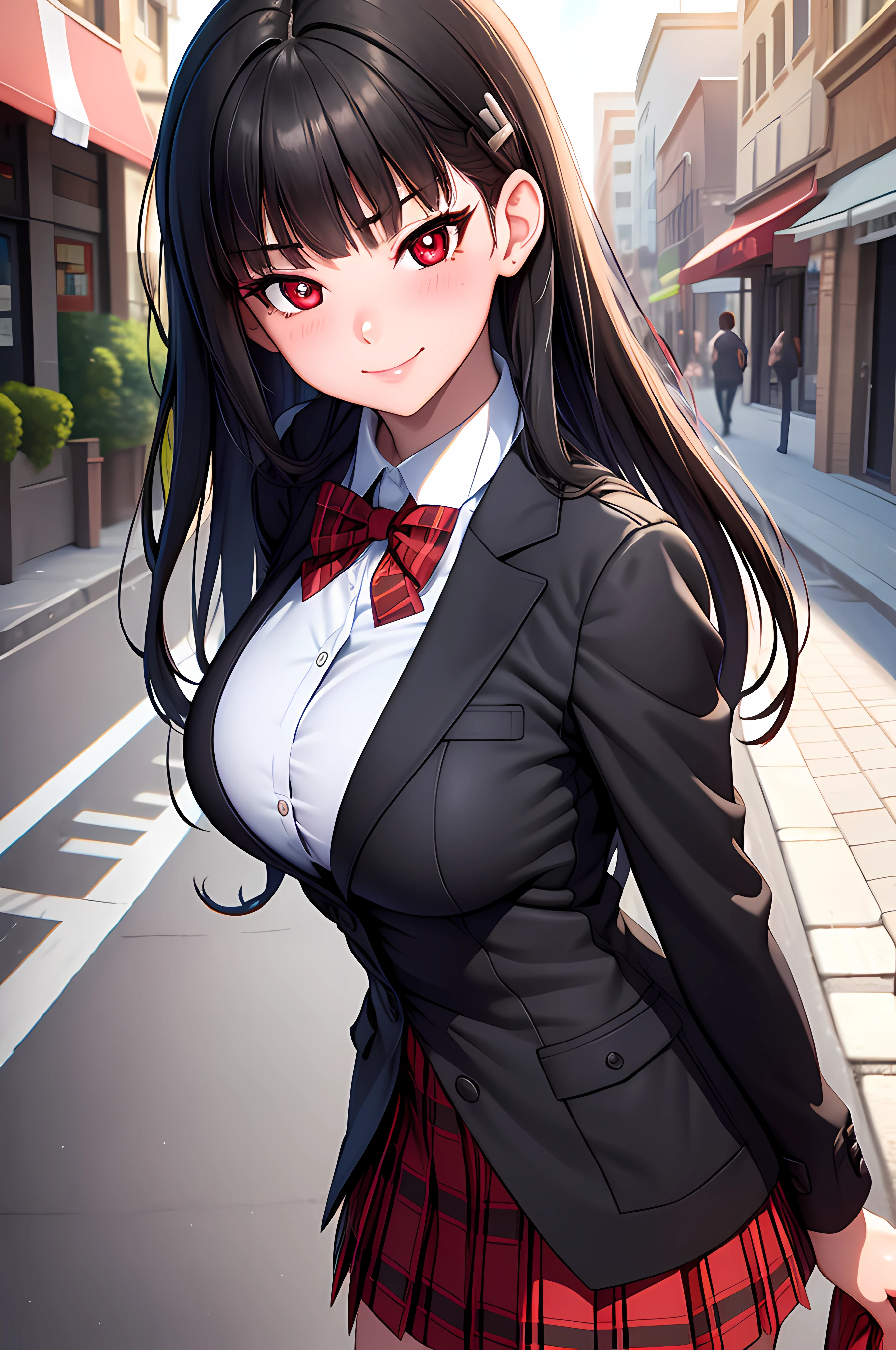 ((masterpiece, best quality, highres, UHD, perfect pixel, depth of field)), (smooth CG, photorealistic:1.1, realistic texture, detailed face), Rio, 1girl, medium breasts, seductive, busty, smile, natural light, cinematic, black hair, long hair, blunt bangs, (red eyes, beautiful pupils), (school uniform, cardigan, red bowtie, plaid skirt, black jacket, open jacket), street view, dynamic pose, from below, pov, look at viewer, blushing