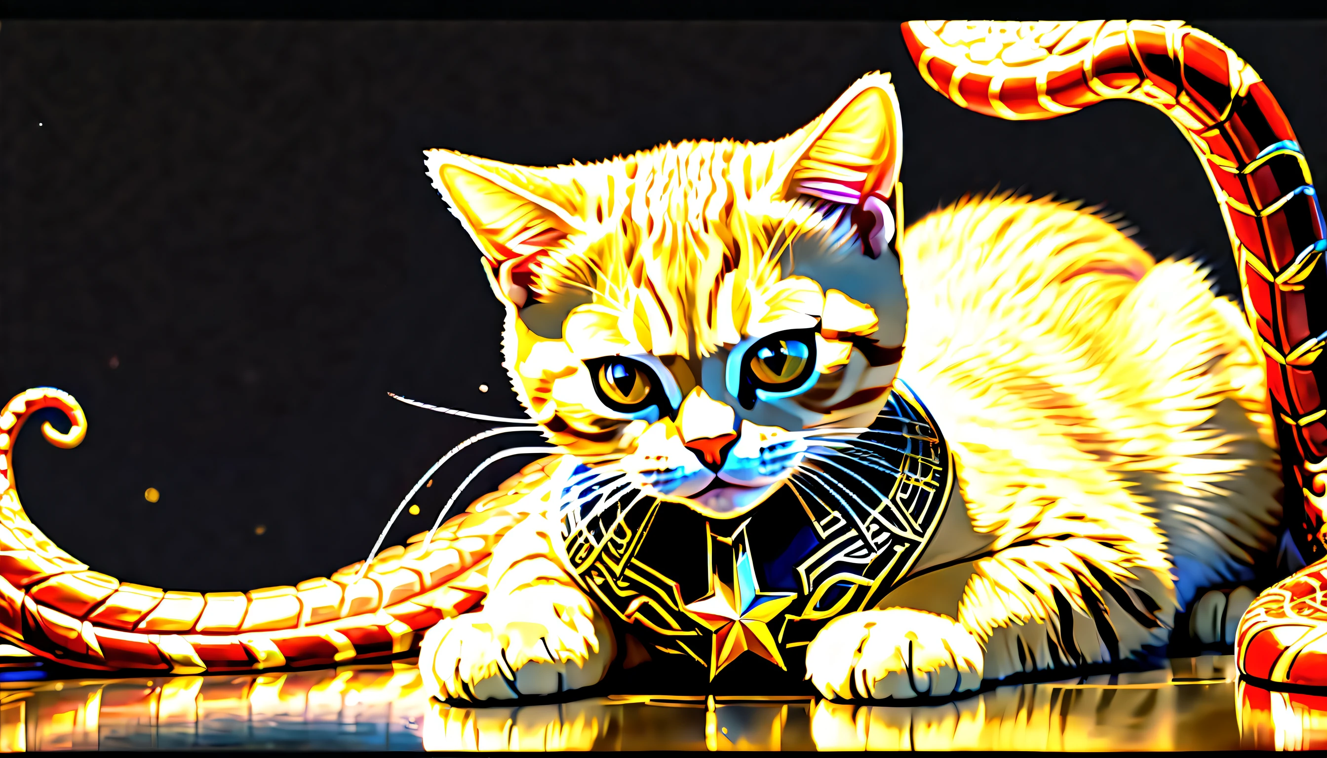 (Captain-MARVEL Movie character of cat goose illustration:1.1), cat-goose is american shorthair, pale light brown fur, dignity and loveliness atmosphere, (((master piece:1.3))), (stunning masterpiece:1.3), intricate detail fur, siting, stunning gouache and palette knife detail painting, glow beautiful gold and black eyes, (((fused open mouth and put out lots tentacle:1.3))), black collar and goose name plate, vibrant colors burst forth, (((intricate details:1.3))), low key cinematic photograph,