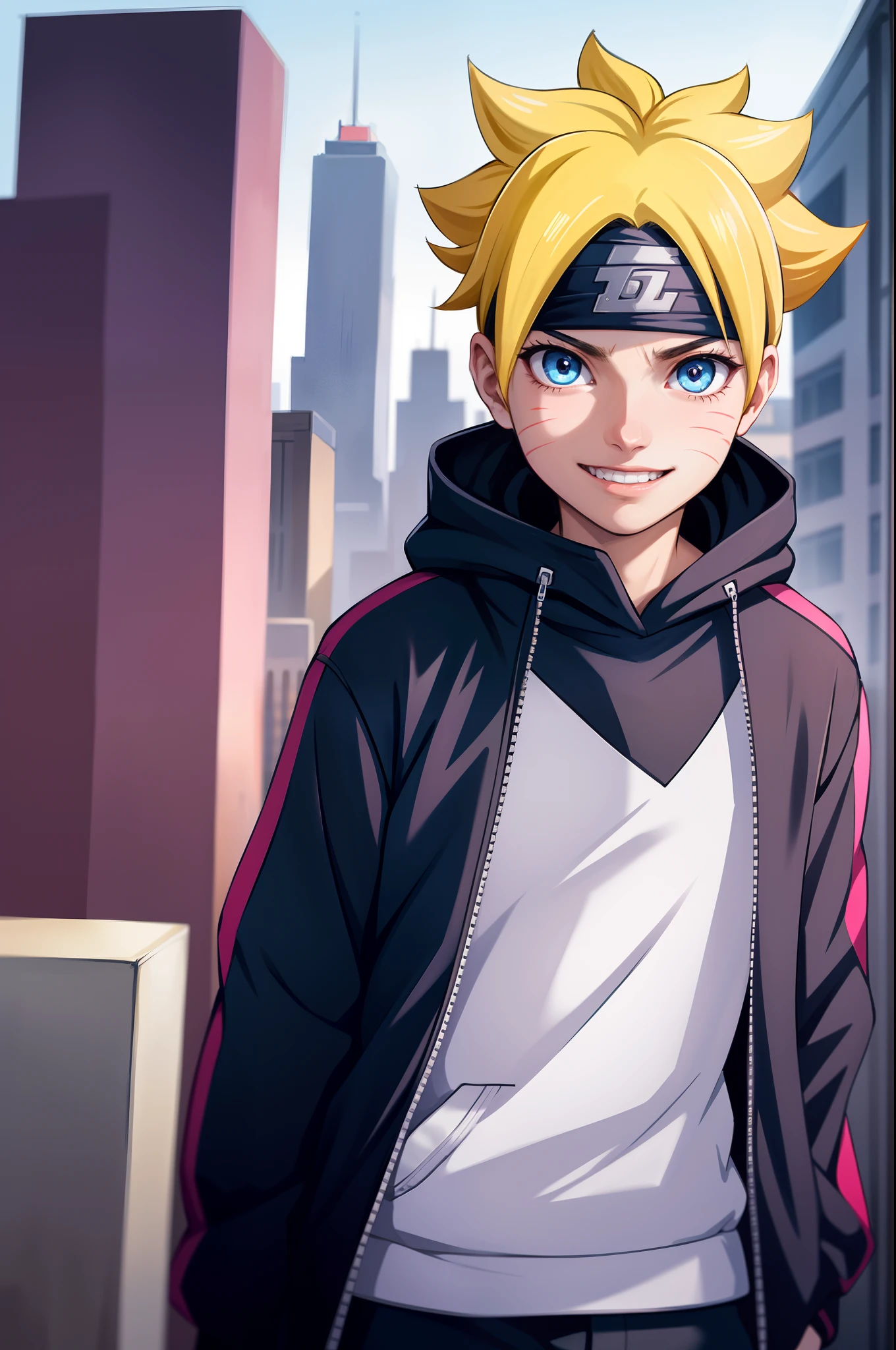 masterpiece, ultra-detailed, 1boy, male focus, upper body shot, Uzumaki Boruto wearing maroon Streetwear Hoodie, yellow hair, Blue eyes, look at viewer, happy face, vibrant colors, cityscape background, dinamic lighting, highly detailed face, stylish, urban style, cool attitude, bokeh, blurry background,