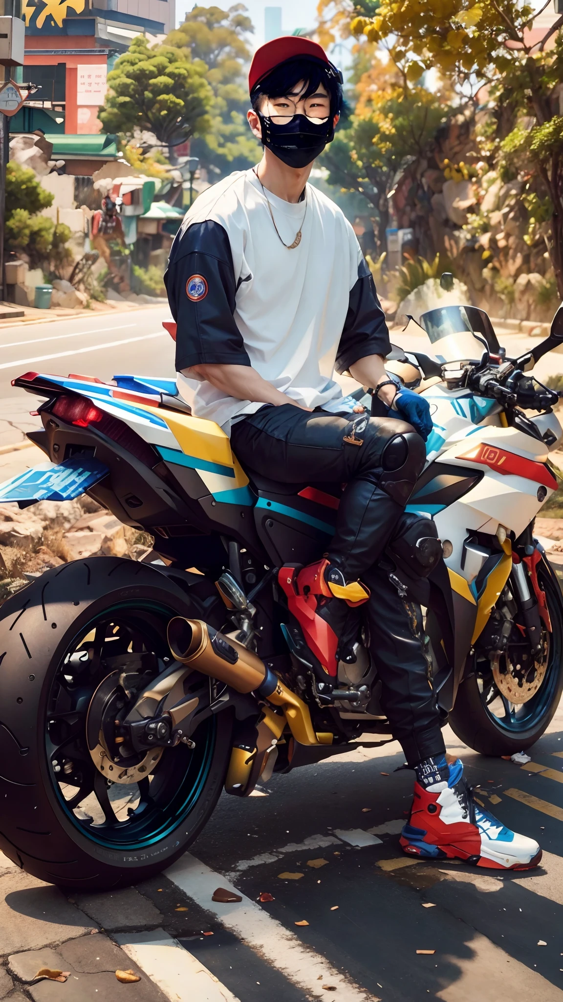 there is a korea boy sitting on a motorcycle wearing a mask, sitting on cyberpunk motorbike, sitting on a motorcycle, motorbiker, motorcycle, picture of a male biker, taken in 2 0 2 0, photoshoot, riding a motorcycle, mid shot portrait, portrait shot, realism artstyle, biker, badass composition, hyper realistic style, wearing japanese techwear, portrait shot 8 k