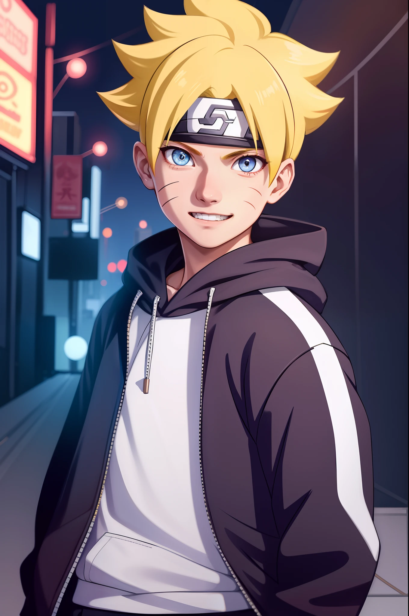 masterpiece, ultra-detailed, 1boy, male focus, upper body shot, Uzumaki Boruto wearing maroon Streetwear Hoodie, yellow hair, Blue eyes, look at viewer, happy face, vibrant colors, cityscape background, dinamic lighting, highly detailed face, stylish, urban style, cool attitude, bokeh, blurry background,