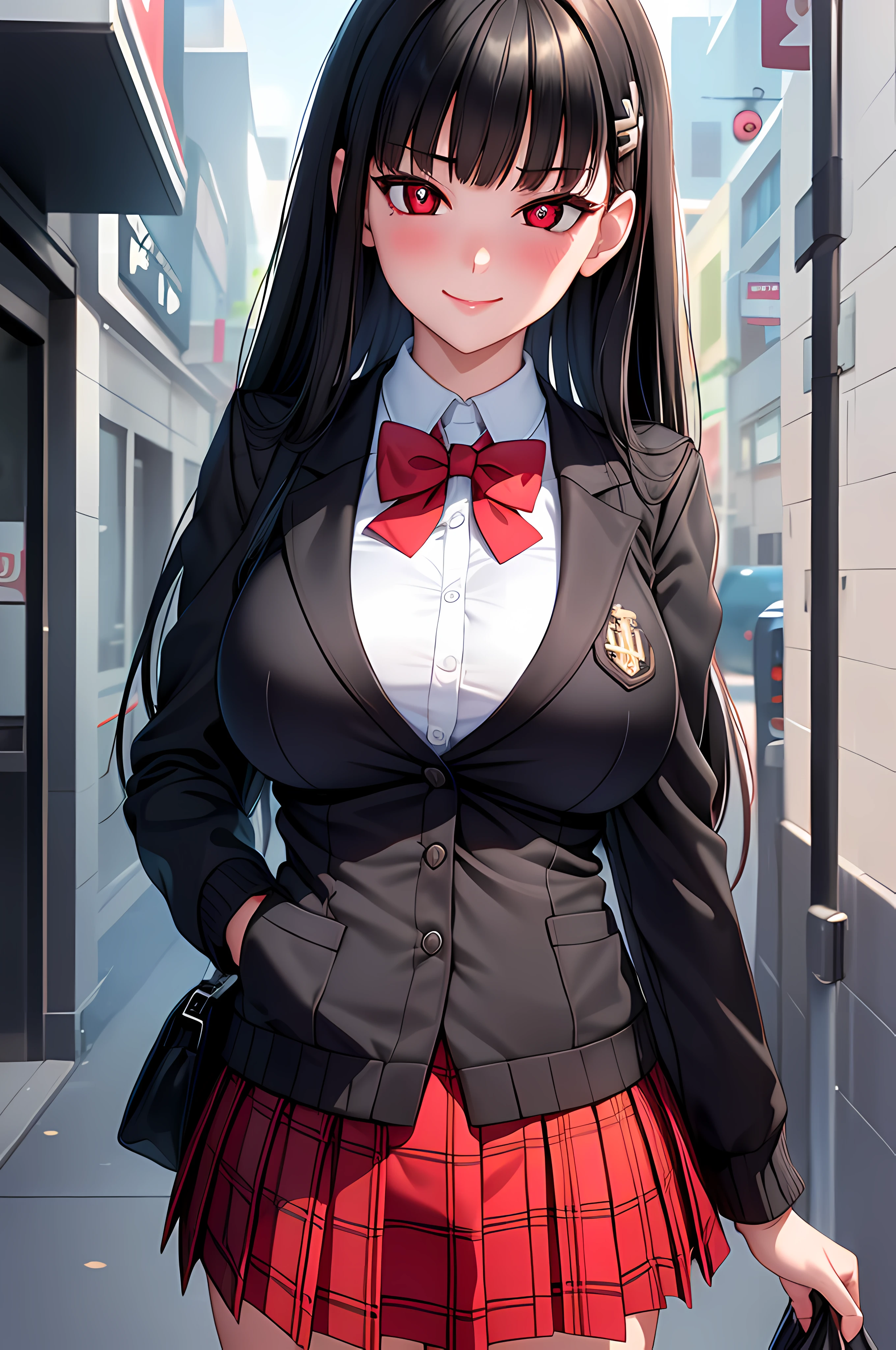 ((masterpiece, best quality, highres, UHD, perfect pixel, depth of field)), (smooth CG, photorealistic:1.1, realistic texture, detailed face), Rio, 1girl, medium breasts, seductive, busty, smile, natural light, cinematic, black hair, long hair, blunt bangs, (red eyes, beautiful pupils), (school uniform, cardigan, red bowtie, plaid skirt, black jacket, open jacket), street view, dynamic pose, from below, pov, look at viewer, blushing