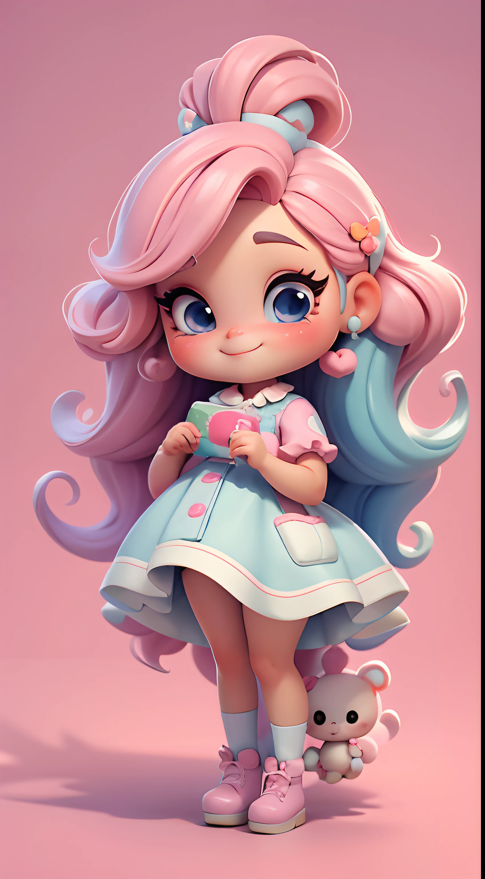 Create a series of cute baby chibi style dolls with a cute candyland chef theme, each with lots of detail and in an 8K resolution. All dolls should follow the same candyland candy background pattern and be complete in the image, mostrando o (corpo inteiro, incluindo as pernas: 1.5)

Boneca candyland f: Chame-a de Marina. Ela deve ter cabelo pequeno em tom colorido pastel. Seus olhos devem ser grandes e expressivos, with long eyelashes and rosy cheeks. Sorriso delicado e branco. Sophie deve estar vestida com uma roupa colorida, pastel tones and sweet details. She should hold a candy in her hands. Certifique-se de adicionar detalhes nas roupas, such as buttons and pockets, sapato bonito

Certifique-se de adicionar sombras, texturas e detalhes nos cabelos, roupas, doces e chocolate em barra, to make them even more adorable and charming.