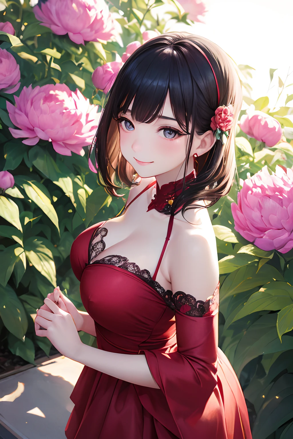 (((A flower garden with peonies in full bloom,Woman in gorgeous red dress with peony flowers,Golden edging,Peony hair ornament,Peony piercing))),((独奏,stroll)),((masutepiece,cowboy  shot,Angle from above,Wide background,Far angle,FULL BODYSHOT)),Beautiful detailed skin,Perfect human anatomy,perfect hand,beautiful boob,saggy tits,portrait of a beautiful woman,Perfect face,(Cute smile,Bright smile),Cute look,Cute emotions,Think,(blush),enticing lips,Perfect eyes,Cinematic scene,Cinematic,fulcolor,4K,8K,Raw photo,Studio portrait,professionally color graded,Professional Photography,(an extremely delicate and beautiful art)1.3,Elegant,Active Angle,Soft light,Lens Glow,soft clean focus,Realistic lighting and shading,Best Quality,top-quality,hight resolution,(1girl in:1.3)