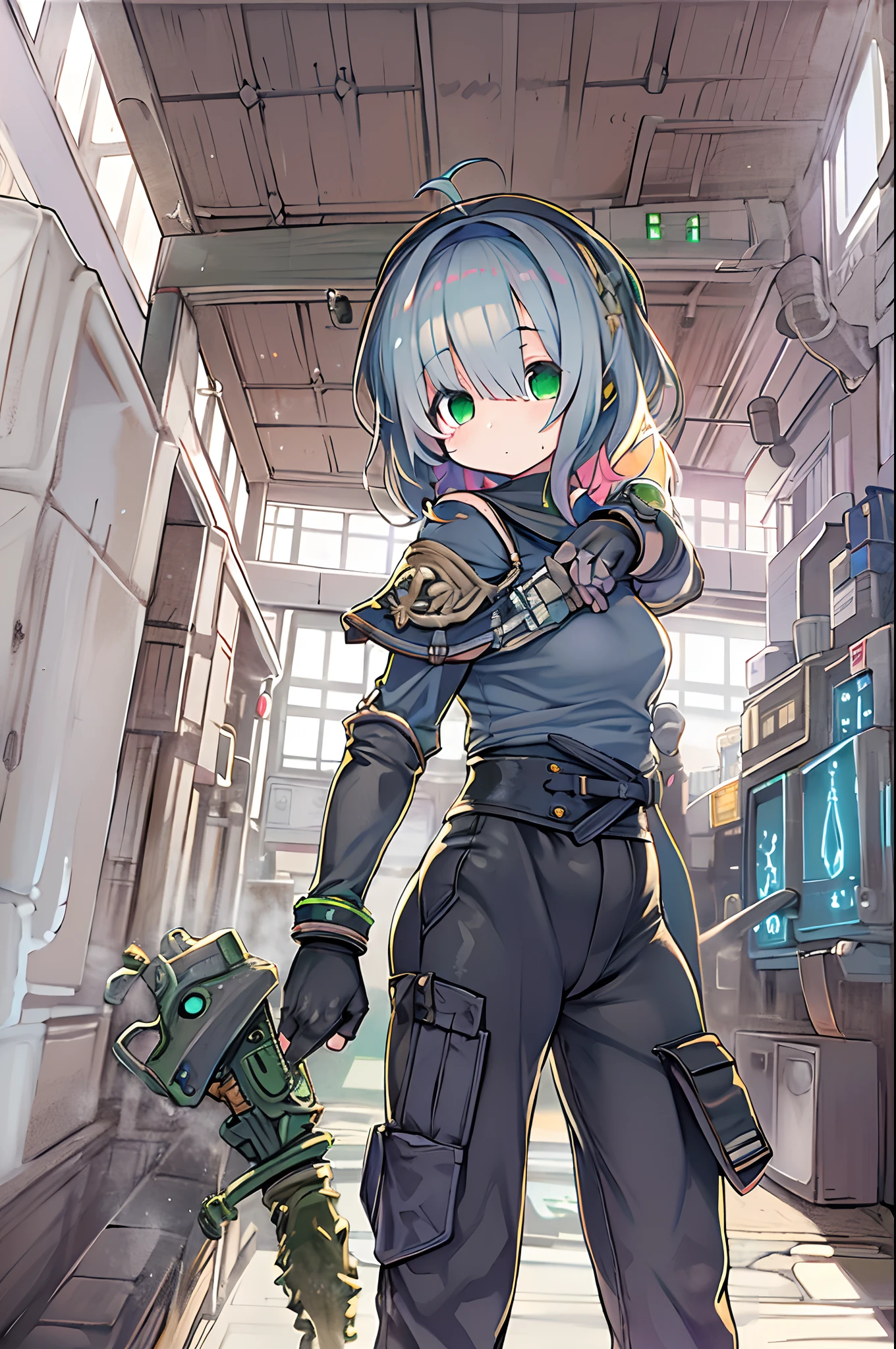 masutepiece, Best Quality,Alhaitham(GenshinImpact), 1girl in, female focus, Shirt, Solo, gloves, Sleeveless shirt, Grey Hair, Green eyes, Sleeveless, Ahoge, Black shirt, Bangs, Hair over one eye, Black Gloves, Indoors, sanctuary, Fingerless gloves, Black pants, Pants, swept bangs, long boots, Bare shoulders, Short hair, elbow groves,(nffsw:0.6), Open hands, musculature