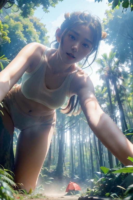 ((top-quality、in 8K、​masterpiece:1.3、Raw photo))、Super high quality photos, ((In the dense forest)), Japan Top Idol Women With Perfect Beauty, Perfect beauty, ((slim figure))、((der riese))、((Wear a white see-through shirt)), ((not wearing bra)), (( are protruding)), tropical jungle、 (Photorealistic: 1.4), (Ultra-high detail), (hyper realisitic: 1.4), (Realistic: 1.3), (Smooth lighting: 1.05), 1girl in, Solo, (Japanese actressl),　 20yr old, Full body, ((camel's toe)), ((der riese)), Size difference, cinematlic lighting, ((slim thigh)), ((Perfect beauty)), ((The most beautiful face)), ((Transcendent beauty)),tropical jungle、((with spreading legs)), ((open open mouth)),((In the dense forest)), ((slim figure)), ((Some small tents at the campsite)), ((Small people々is running away)),