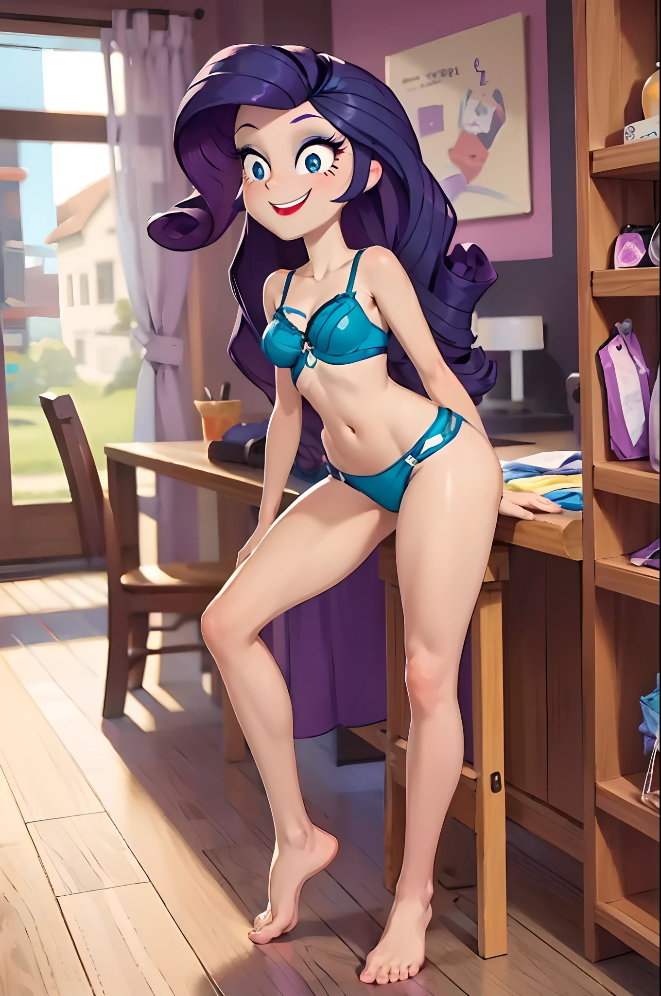 a 1girl, purple hair, Curly, blue detailed eyes, big breastes, makeup, naked body, naked ass, Female genitals, Store, Clothes hangers, Clothing store, A big smile, in full height, bare footed