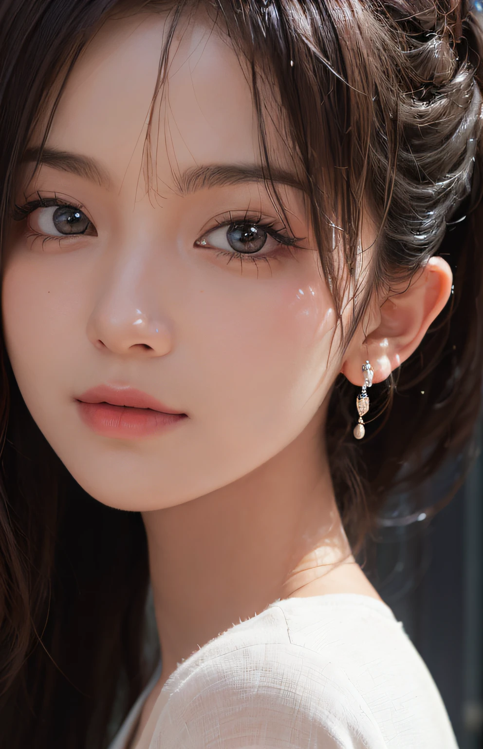 (A hyper-realistic)、(hight resolution)、(8K)、(ighly detailed)、(beautifully detailed eyes)、(top-quality)、(ultra-detailliert)、(masterpiece)、(wall-paper)、(A detailed face)、独奏、1 girl in、26 only、looking at viewert(Facing the other side)、fine detailed、A detailed face、(Skinny face:1.1)、Small face、in the darkness nigth、deep-shadows、oval-face(Inverted triangle face)、lowkey、(pureerosface_v1:0.008)、(Shy smile:0.6)、Black Spiky pixie 、46 points oblique bangs、super model